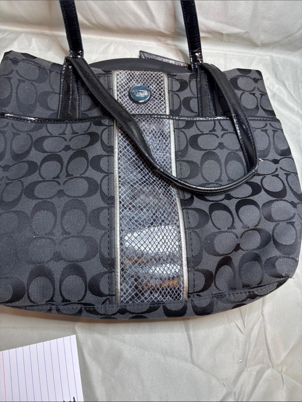 Coach Black Signature Canvas Tote with Metallic Snake-Print Stripe